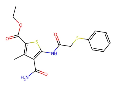 ethyl 4-carbamoyl-3-methyl-5-[(2-phenylsulfanylacetyl)amino]thiophene-2-carboxylate structure