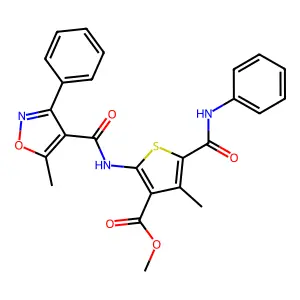 methyl 4-methyl-2-[(5-methyl-3-phenyl-1,2-oxazole-4-carbonyl)amino]-5-(phenylcarbamoyl)thiophene-3-carboxylate structure