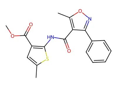 Methyl 5-methyl-2-[(5-methyl-3-phenyl-1,2-oxazole-4-carbonyl)amino]thiophene-3-carboxylate structure