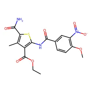 ethyl 5-carbamoyl-2-[(4-methoxy-3-nitrobenzoyl)amino]-4-methylthiophene-3-carboxylate structure