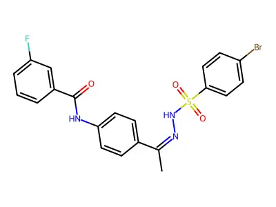 N-[4-[(Z)-N-[(4-bromophenyl)sulfonylamino]-C-methylcarbonimidoyl]phenyl]-3-fluorobenzamide structure