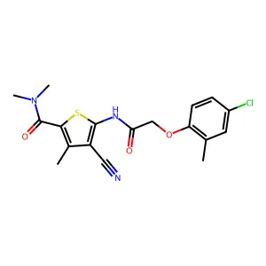 5-{[(4-chloro-2-methylphenoxy)acetyl]amino}-4-cyano-N,N,3-trimethylthiophene-2-carboxamide structure