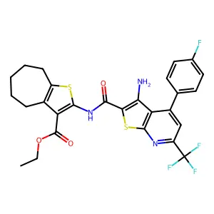 ethyl 2-({[3-amino-4-(4-fluorophenyl)-6-(trifluoromethyl)thieno[2,3-b]pyridin-2-yl]carbonyl}amino)-5,6,7,8-tetrahydro-4H-cyclohepta[b]thiophene-3-carboxylate structure