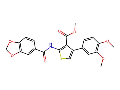 methyl 2-(1,3-benzodioxole-5-carbonylamino)-4-(3,4-dimethoxyphenyl)thiophene-3-carboxylate structure