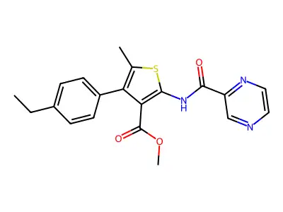 Methyl 4-(4-ethylphenyl)-5-methyl-2-(pyrazine-2-carbonylamino)thiophene-3-carboxylate structure