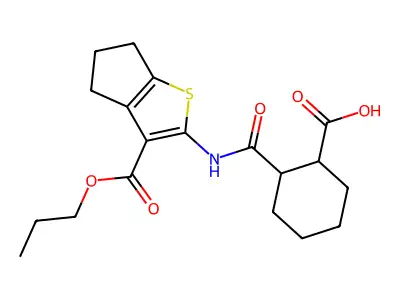 2-{[3-(propoxycarbonyl)-5,6-dihydro-4H-cyclopenta[b]thiophen-2-yl]carbamoyl}cyclohexanecarboxylic acid structure
