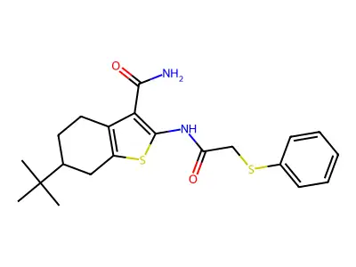6-tert-butyl-2-[(2-phenylsulfanylacetyl)amino]-4,5,6,7-tetrahydro-1-benzothiophene-3-carboxamide structure