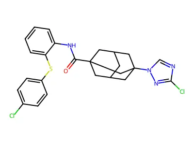 N-[2-(4-chlorophenyl)sulfanylphenyl]-3-(3-chloro-1,2,4-triazol-1-yl)adamantane-1-carboxamide structure