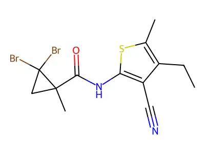2,2-dibromo-N-(3-cyano-4-ethyl-5-methylthiophen-2-yl)-1-methylcyclopropane-1-carboxamide structure