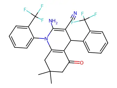 2-amino-7,7-dimethyl-5-oxo-1,4-bis[2-(trifluoromethyl)phenyl]-1,4,5,6,7,8-hexahydro-3-quinolinecarbonitrile structure