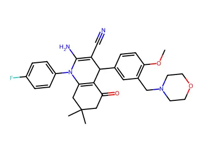 2-amino-1-(4-fluorophenyl)-4-[4-methoxy-3-(morpholin-4-ylmethyl)phenyl]-7,7-dimethyl-5-oxo-6,8-dihydro-4H-quinoline-3-carbonitrile structure