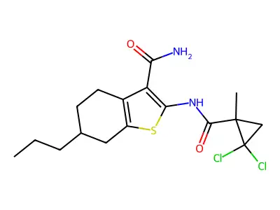 2-[(2,2-dichloro-1-methylcyclopropanecarbonyl)amino]-6-propyl-4,5,6,7-tetrahydro-1-benzothiophene-3-carboxamide structure