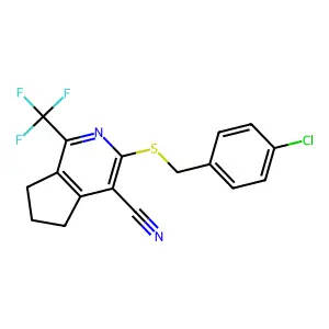 3-[(4-chlorobenzyl)sulfanyl]-1-(trifluoromethyl)-6,7-dihydro-5H-cyclopenta[c]pyridine-4-carbonitrile structure