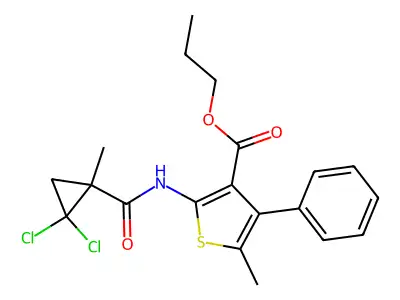 propyl 2-[(2,2-dichloro-1-methylcyclopropanecarbonyl)amino]-5-methyl-4-phenylthiophene-3-carboxylate structure