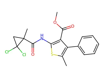 methyl 2-[(2,2-dichloro-1-methylcyclopropanecarbonyl)amino]-5-methyl-4-phenylthiophene-3-carboxylate structure