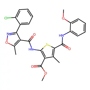 methyl 2-[[3-(2-chlorophenyl)-5-methyl-1,2-oxazole-4-carbonyl]amino]-5-[(2-methoxyphenyl)carbamoyl]-4-methylthiophene-3-carboxylate structure