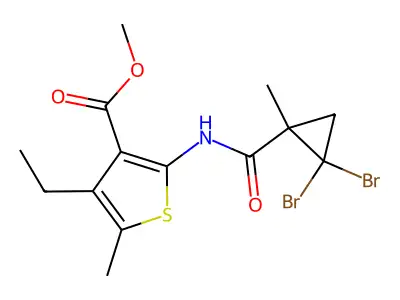 methyl 2-{[(2,2-dibromo-1-methylcyclopropyl)carbonyl]amino}-4-ethyl-5-methylthiophene-3-carboxylate structure