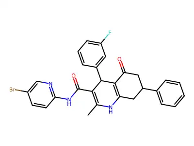N-(5-bromo-2-pyridinyl)-4-(3-fluorophenyl)-2-methyl-5-oxo-7-phenyl-1,4,5,6,7,8-hexahydro-3-quinolinecarboxamide structure