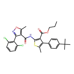 propyl 4-(4-tert-butylphenyl)-2-({[3-(2,6-dichlorophenyl)-5-methylisoxazol-4-yl]carbonyl}amino)-5-methylthiophene-3-carboxylate structure