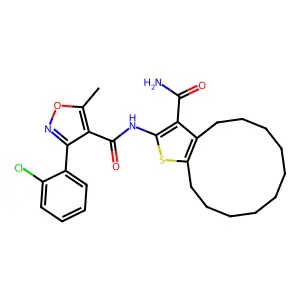 N-(3-carbamoyl-4,5,6,7,8,9,10,11,12,13-decahydrocyclododeca[b]thiophen-2-yl)-3-(2-chlorophenyl)-5-methyl-1,2-oxazole-4-carboxamide structure