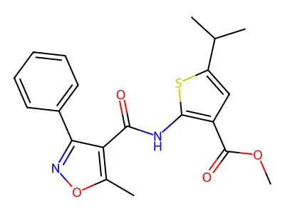 methyl 5-isopropyl-2-{[(5-methyl-3-phenylisoxazol-4-yl)carbonyl]amino}thiophene-3-carboxylate structure