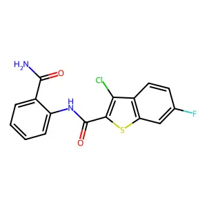 N-(2-carbamoylphenyl)-3-chloro-6-fluoro-1-benzothiophene-2-carboxamide structure