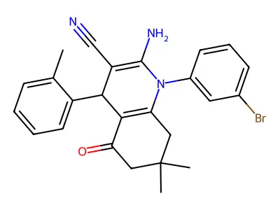 2-amino-1-(3-bromophenyl)-7,7-dimethyl-4-(2-methylphenyl)-5-oxo-1,4,5,6,7,8-hexahydroquinoline-3-carbonitrile structure