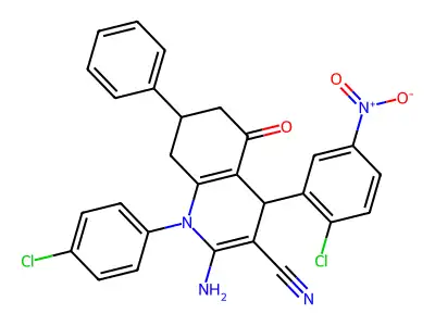 2-amino-4-(2-chloro-5-nitrophenyl)-1-(4-chlorophenyl)-5-oxo-7-phenyl-4,6,7,8-tetrahydroquinoline-3-carbonitrile structure
