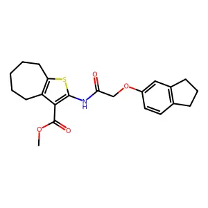 methyl 2-{[(2,3-dihydro-1H-inden-5-yloxy)acetyl]amino}-5,6,7,8-tetrahydro-4H-cyclohepta[b]thiophene-3-carboxylate structure