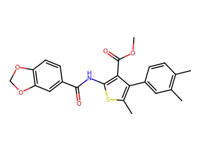 methyl 2-(1,3-benzodioxole-5-carbonylamino)-4-(3,4-dimethylphenyl)-5-methylthiophene-3-carboxylate structure