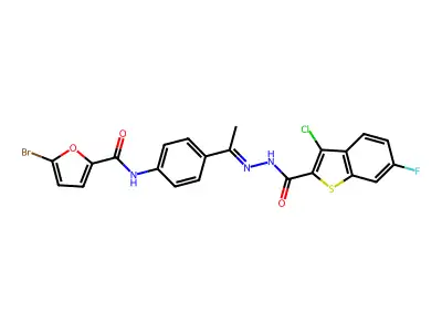 5-bromo-N-[4-[(E)-N-[(3-chloro-6-fluoro-1-benzothiophene-2-carbonyl)amino]-C-methylcarbonimidoyl]phenyl]furan-2-carboxamide structure