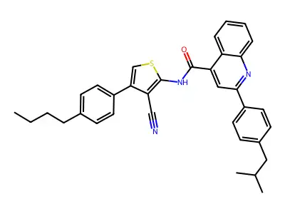 N-[4-(4-butylphenyl)-3-cyanothiophen-2-yl]-2-[4-(2-methylpropyl)phenyl]quinoline-4-carboxamide structure