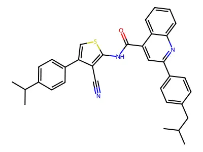 N-[3-cyano-4-(4-propan-2-ylphenyl)thiophen-2-yl]-2-[4-(2-methylpropyl)phenyl]quinoline-4-carboxamide structure