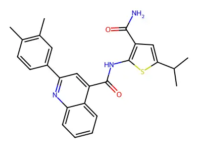 N-(3-carbamoyl-5-propan-2-ylthiophen-2-yl)-2-(3,4-dimethylphenyl)quinoline-4-carboxamide structure