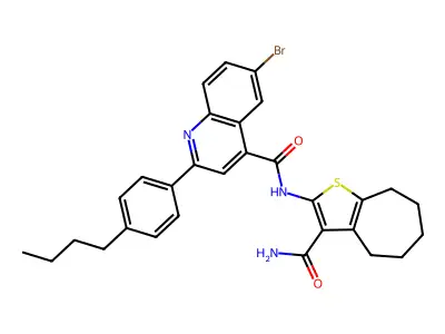 6-bromo-2-(4-butylphenyl)-N-(3-carbamoyl-5,6,7,8-tetrahydro-4H-cyclohepta[b]thiophen-2-yl)quinoline-4-carboxamide structure