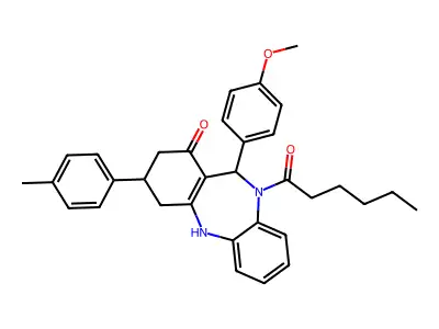 10-hexanoyl-11-(4-methoxyphenyl)-3-(4-methylphenyl)-2,3,4,5,10,11-hexahydro-1H-dibenzo[b,e][1,4]diazepin-1-one structure