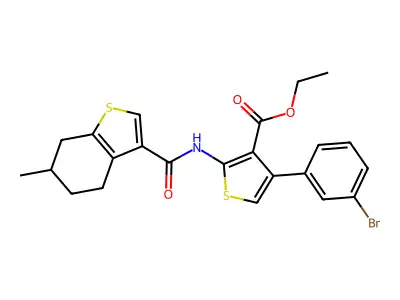 ethyl 4-(3-bromophenyl)-2-[(6-methyl-4,5,6,7-tetrahydro-1-benzothiophene-3-carbonyl)amino]thiophene-3-carboxylate structure