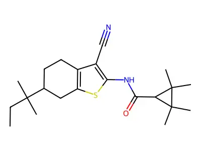 N-[3-cyano-6-(2-methylbutan-2-yl)-4,5,6,7-tetrahydro-1-benzothiophen-2-yl]-2,2,3,3-tetramethylcyclopropane-1-carboxamide structure