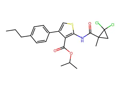 isopropyl 2-{[(2,2-dichloro-1-methylcyclopropyl)carbonyl]amino}-4-(4-propylphenyl)-3-thiophenecarboxylate structure