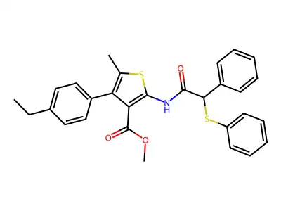 methyl 4-(4-ethylphenyl)-5-methyl-2-[(2-phenyl-2-phenylsulfanylacetyl)amino]thiophene-3-carboxylate structure