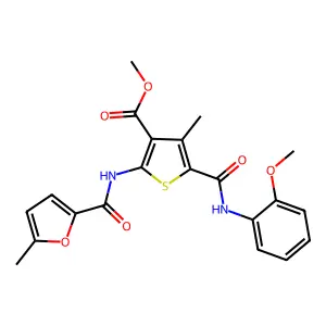 methyl 5-[(2-methoxyanilino)carbonyl]-4-methyl-2-[(5-methyl-2-furoyl)amino]-3-thiophenecarboxylate structure