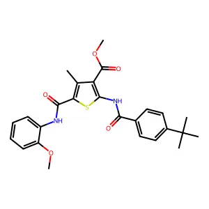 methyl 2-[(4-tert-butylbenzoyl)amino]-5-[(2-methoxyanilino)carbonyl]-4-methyl-3-thiophenecarboxylate structure