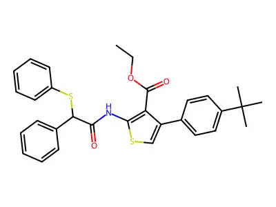 ethyl 4-(4-tert-butylphenyl)-2-[(2-phenyl-2-phenylsulfanylacetyl)amino]thiophene-3-carboxylate structure