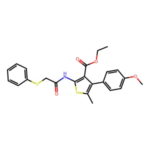 ethyl 4-(4-methoxyphenyl)-5-methyl-2-[(2-phenylsulfanylacetyl)amino]thiophene-3-carboxylate structure