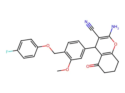 2-amino-4-[4-[(4-fluorophenoxy)methyl]-3-methoxyphenyl]-5-oxo-4,6,7,8-tetrahydrochromene-3-carbonitrile structure