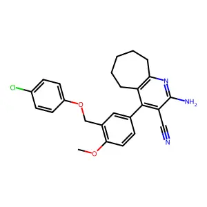 2-amino-4-{3-[(4-chlorophenoxy)methyl]-4-methoxyphenyl}-6,7,8,9-tetrahydro-5H-cyclohepta[b]pyridine-3-carbonitrile structure