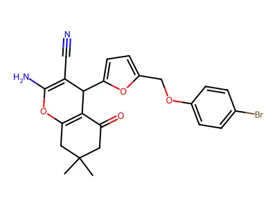 2-amino-4-[5-[(4-bromophenoxy)methyl]furan-2-yl]-7,7-dimethyl-5-oxo-6,8-dihydro-4H-chromene-3-carbonitrile structure