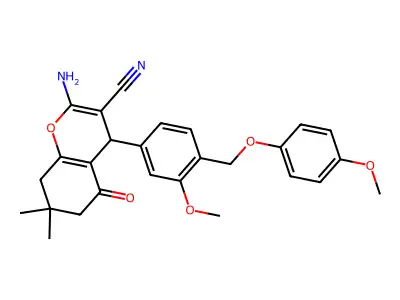 2-amino-4-[3-methoxy-4-[(4-methoxyphenoxy)methyl]phenyl]-7,7-dimethyl-5-oxo-6,8-dihydro-4H-chromene-3-carbonitrile structure