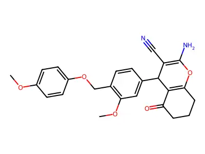 2-amino-4-[3-methoxy-4-[(4-methoxyphenoxy)methyl]phenyl]-5-oxo-4,6,7,8-tetrahydrochromene-3-carbonitrile structure