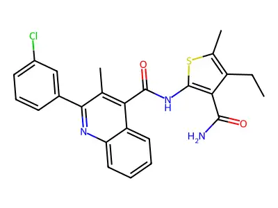 N-(3-carbamoyl-4-ethyl-5-methylthiophen-2-yl)-2-(3-chlorophenyl)-3-methylquinoline-4-carboxamide structure